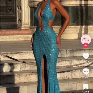 Oh Polly Turquoise Sequin Backless Dress Gown